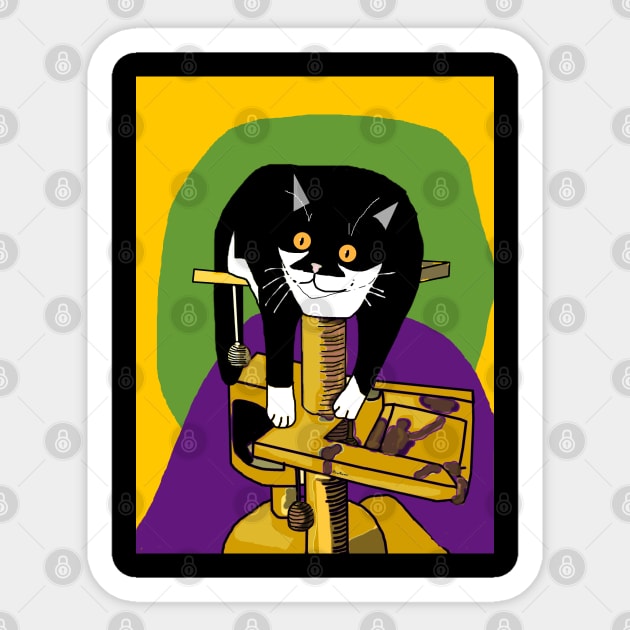 Cute Tuxedo Cat Just hanging on the scratching post  Copyright TeAnne Sticker by TeAnne